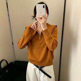 2026秋冬新款毛衣女慵懒风宽松长袖设计感纯色大领子套头针织上衣