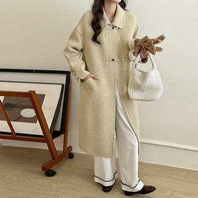 2025秋冬新款撞色翻领盘扣中长款高级感气质双面羊绒羊毛大衣女