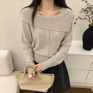 2026秋冬新款毛衣女慵懒风宽松长袖设计感纯色大领子套头针织上衣