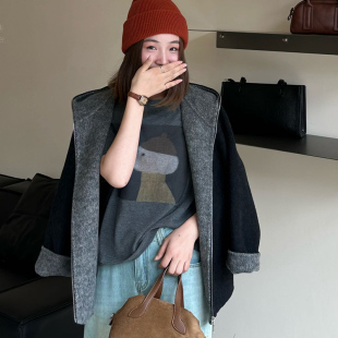 2025秋冬新款韩系双面羊绒大衣女中长款宽松连帽短款拼色羊毛外套