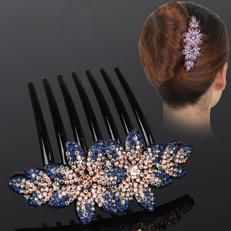 发梳插梳发饰韩国发夹盘发神器气质成人水钻女士发卡妈妈花朵发插