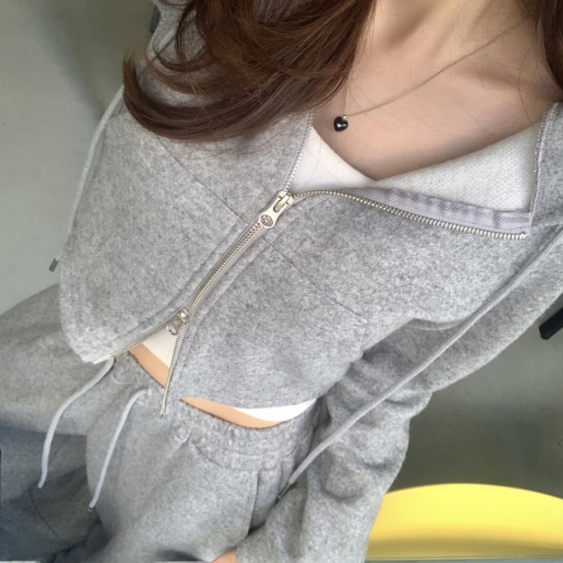 韩国chic冬季小众百搭连帽双拉链设计感宽松长袖卫衣+裤子套装