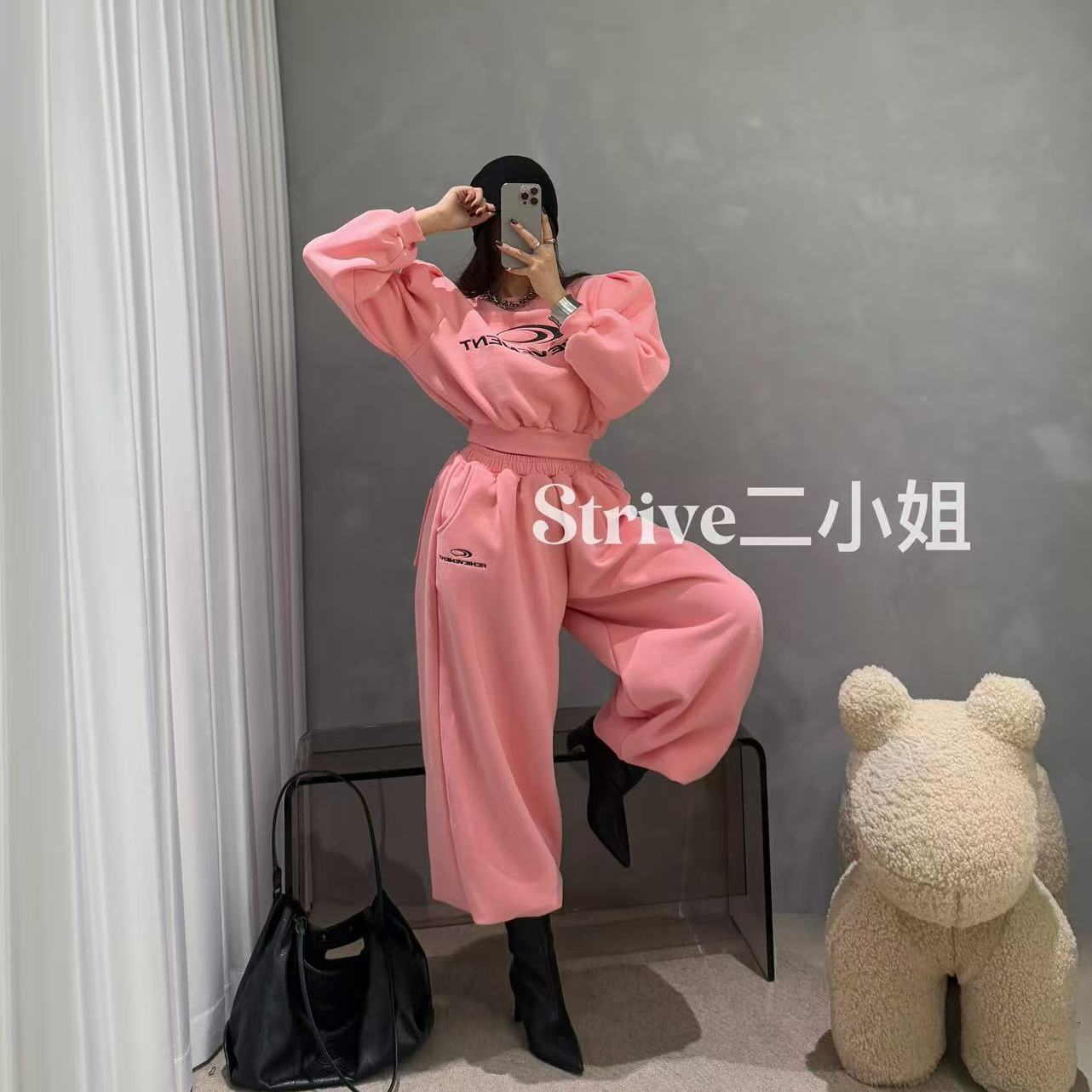 【运动系女生】原单订制加厚抓绒刺绣泡泡袖卫衣套装