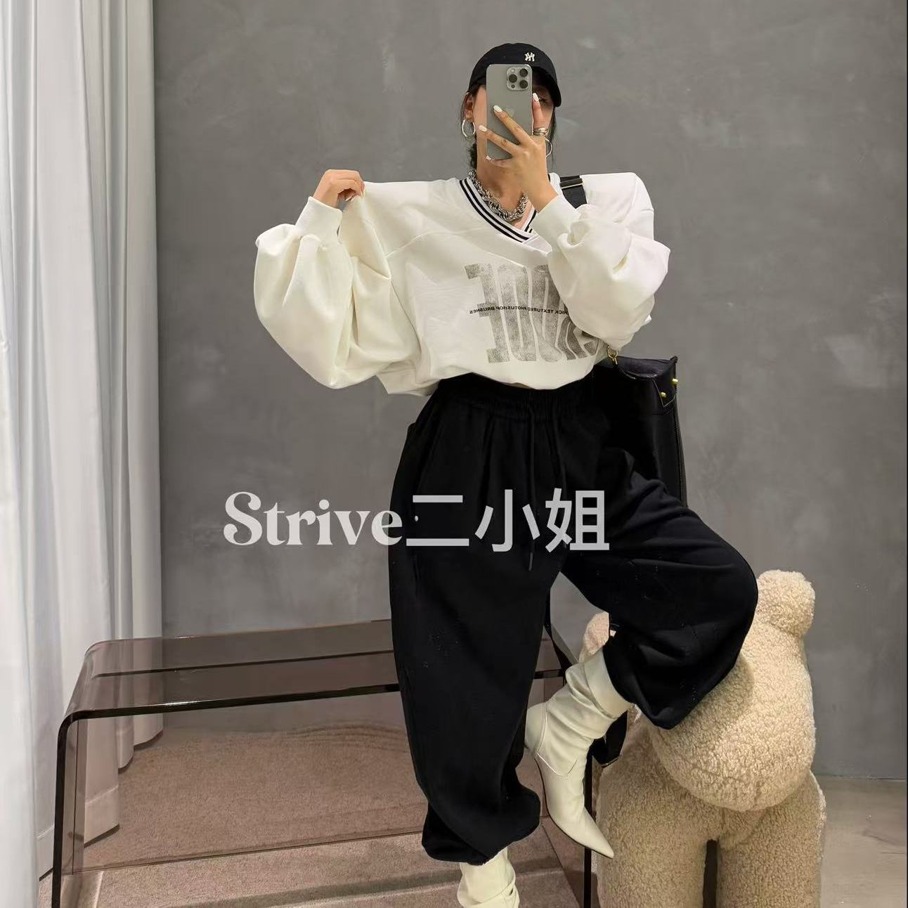 【首尔通勤】原单订制加厚磨毛织带螺纹V领垫肩卫衣