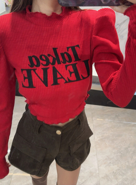 【热烈星芒】原单订制加厚坑条纹印花半高领泡泡袖垫肩上衣