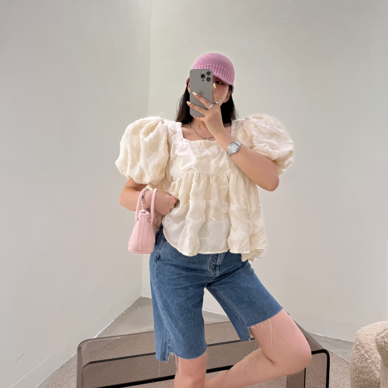 韩国chic夏季新款法式气质时尚宽松百搭方领泡泡袖云朵衬衫上衣女
