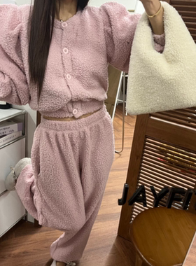 韩国东大门2025加厚羊羔毛系扣开衫外套松紧腰束脚长裤两件套套装