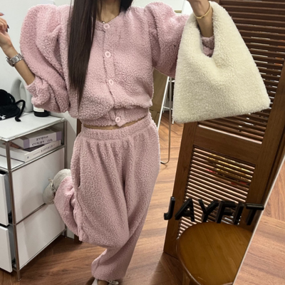 韩国东大门2025加厚羊羔毛系扣开衫外套松紧腰束脚长裤两件套套装