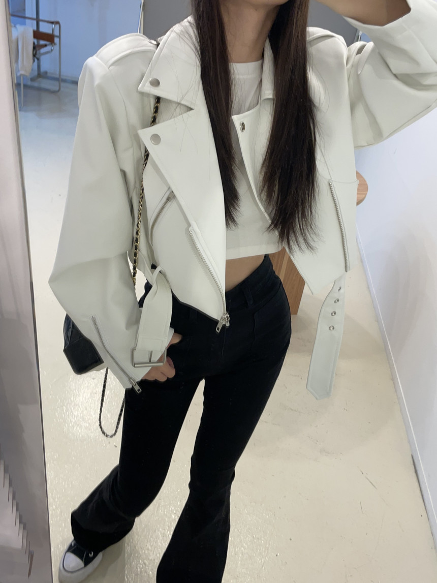 韩国chic早秋复古西装领大口袋系带收腰短款机车PU皮衣外套女