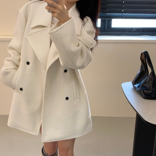 韩国chic冬季法式气质高级感双排扣中长款毛呢外套西装呢子大衣女
