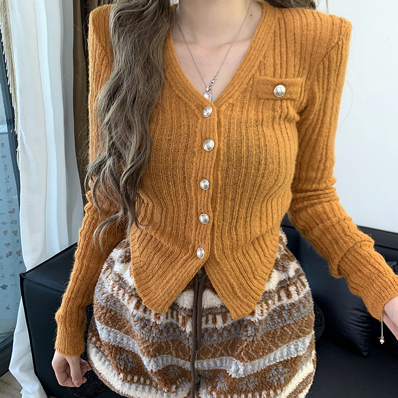 【多巴胺国度】原单金属排扣弧形坑条垫肩针织衫