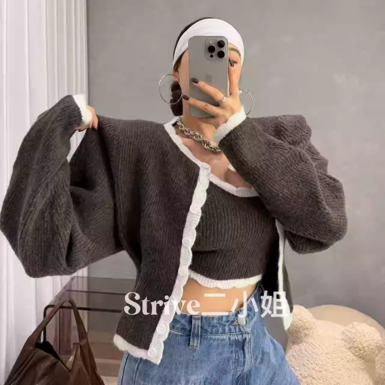 【豪门千金】原单订制波浪拼色背心 捏褶收腰垫肩开衫两件套毛衣