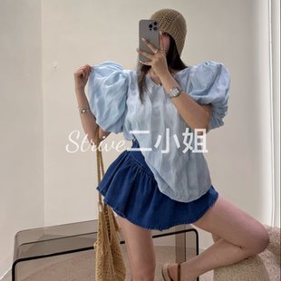 韩国chic夏季 气质v领立体褶皱感设计宽松显瘦大泡泡袖 衬衫 女 法式