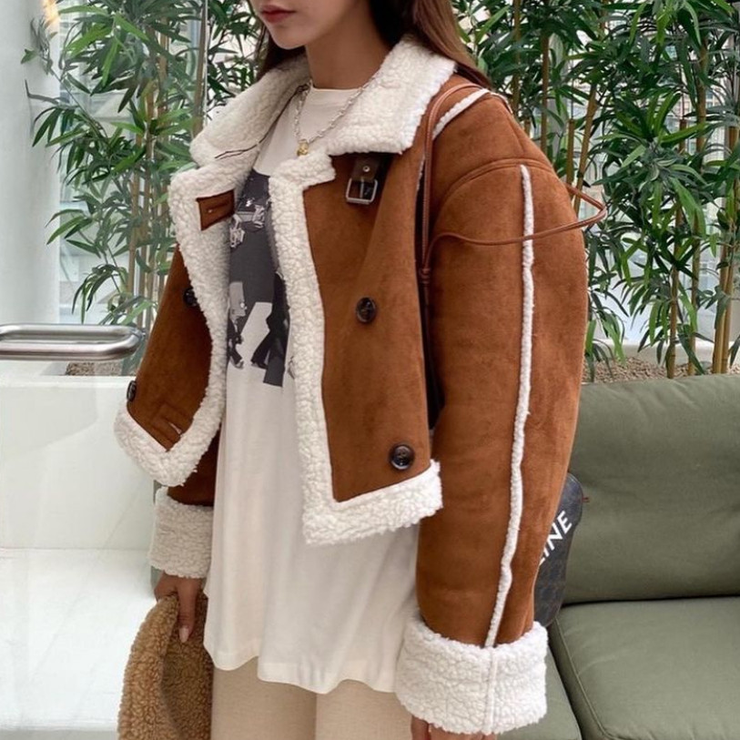 韩国chic冬季新款高领皮带扣双排扣短款皮毛一体式外套翻毛皮冬