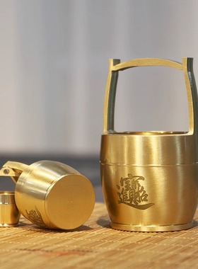 纯黄铜一桶金江山水桶招财进宝客厅书房办公室米缸聚宝盆家居摆件
