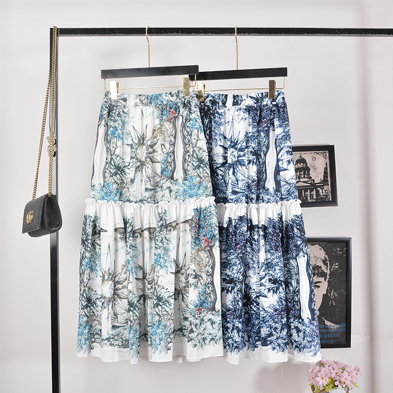 夏季民族风复古印花女士蓝色高腰半身裙韩国雪纺显瘦通勤中长裙子,女装/女士精品,半身裙,淘宝优惠券,粉丝福利购,淘宝优惠卷