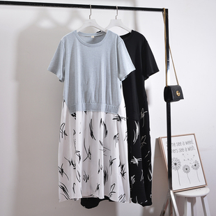 T恤裙休闲假两件套宽松显瘦长款 拼贴雪纺短袖 连衣裙200斤 女装 大码