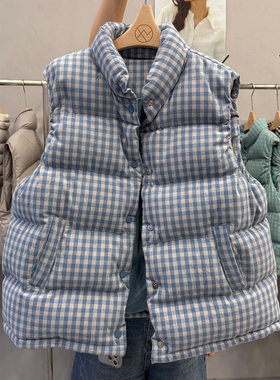 韩国东大门格纹羽绒马甲女2025秋冬新款90白鸭绒立领减龄背心外套