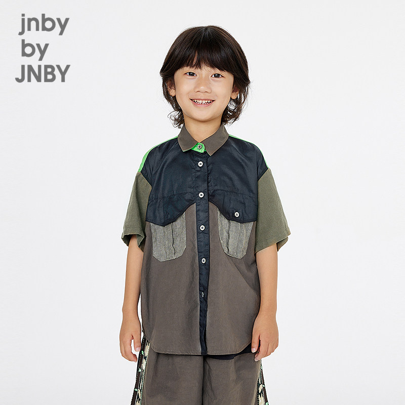 江南布衣童装衬衣中袖衬衫领拼接棉质A型夏男女童jnbybyjnb