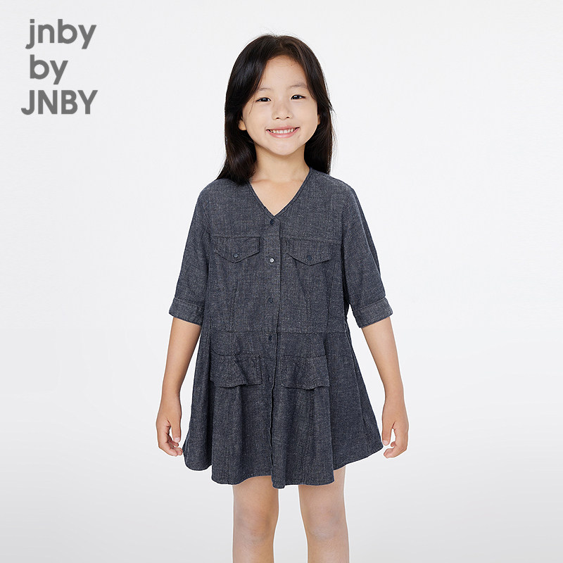 江南布衣童装短袖连衣裙可爱中袖V领纯色牛仔夏女童jnbybyjnby