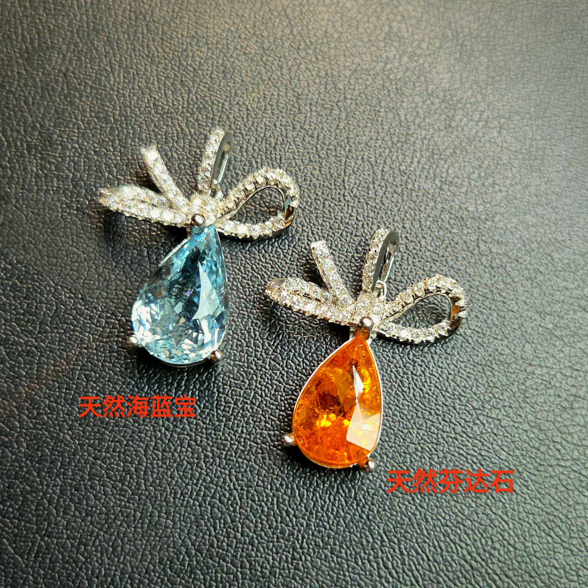 新款上架海蓝宝吊坠芬达石吊坠水滴形状蝴蝶结款式同款925银镶