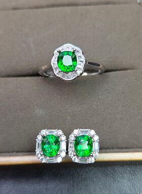 天然沙弗莱戒指沙弗莱耳钉搭配套装款卡扎尼绿绿的发光材质925银