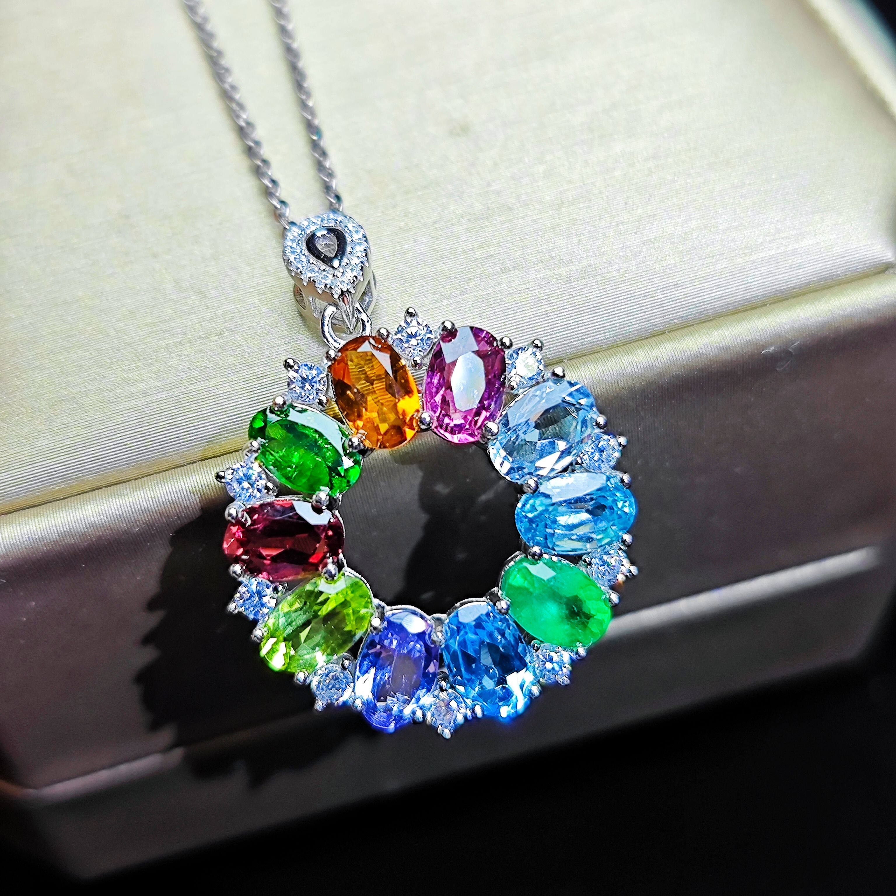 多宝吊坠天然宝石花环吊坠祖母绿沙弗莱坦桑石碧玺风信子黄水晶等