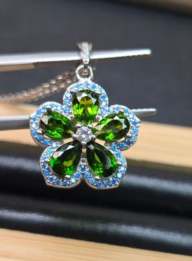 天然透辉石群镶吊坠花朵水滴形状5颗4*6mm精选品质铬绿色925银镶