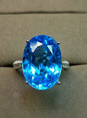 托帕石大戒指正品托帕石瑞士蓝20年前老货浓郁色系13*18mm15克拉