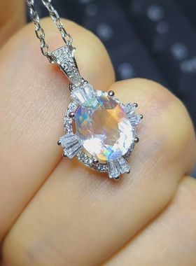 天然彩虹月光吊坠刻面彩虹光全净体精灵一般 8*10mm精工银镶