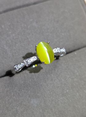 天然金绿猫眼石戒指重量1.3克拉4.8*7.1mm眼线清晰犀利925银镶