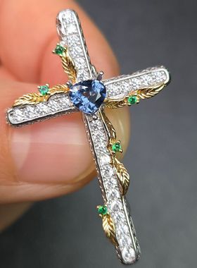 天然蓝尖晶胸针吊坠两用款式杏形钴尖晶直径5mm蓝小妖十姿架孤品