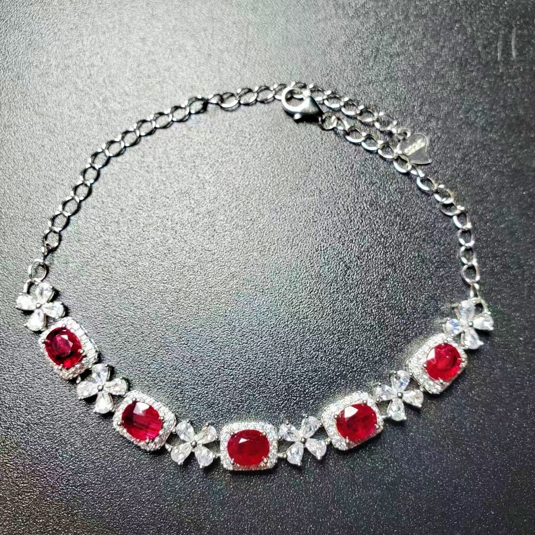 925银天然红宝石手链4.5乘5.5mm精工镶嵌颗颗精挑细选镶金品质