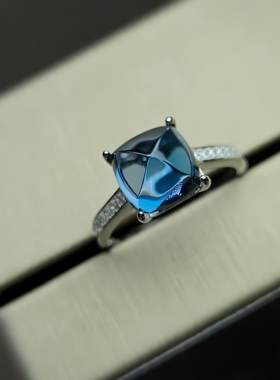 伦敦蓝糖塔托帕石戒指方形直径9mm重量3.6克拉左右全净体925银镶