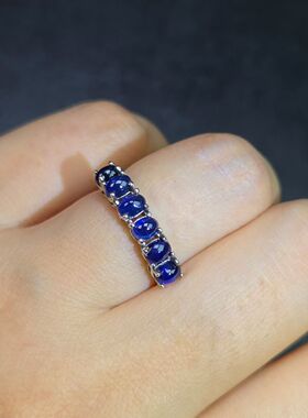 天然皇家蓝蓝宝石排戒蛋面小灯泡重1.75克拉6颗晶莹剔透镶金品质