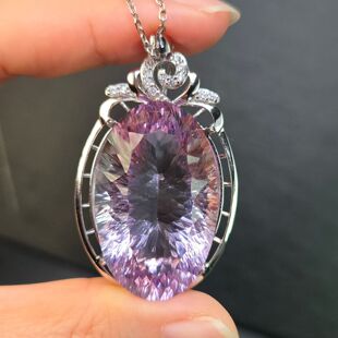 天然紫水晶大吊坠重量63克拉千禧切割尺寸21 33.8mm全净体925银