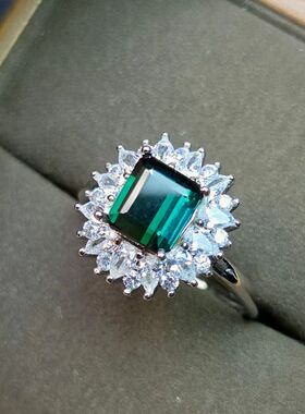 蓝绿色碧玺戒指重量1.275克拉尺寸6*6.6mm全净体925银镶全净体