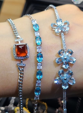 天然磷灰石手链糖塔石榴石手链海蓝宝石手链精选s925银镶