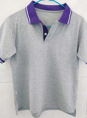 浅灰校服短袖紫色领拼白条袖口紫拼白条男女通用学生班服POLO衫棉