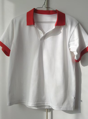 白色校服短袖领子大红色袖口大红色男女学生通用款班服棉质POLO衫
