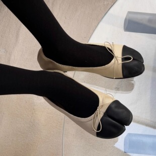 诗歌兰2026年新款法式蝴蝶结小羊皮分趾猪蹄鞋女一脚蹬芭蕾奶奶鞋