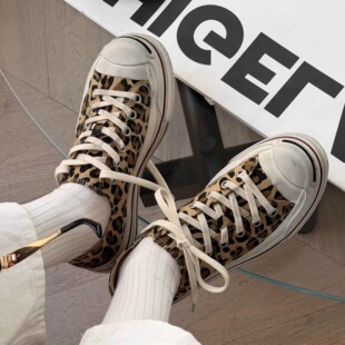 系带厚底增高休闲板鞋 女韩版 潮 豹纹开口笑帆布鞋 诗歌兰2026年新款