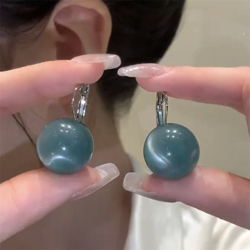 孔雀蓝色圆珠耳环港风复古耳扣式