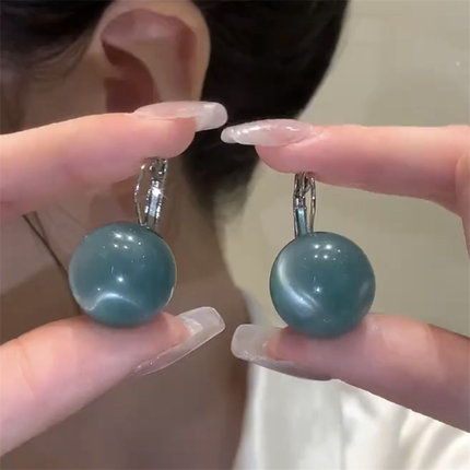 孔雀蓝色圆珠耳环女港风复古耳扣式小众独特设计感耳饰欧美冷淡风