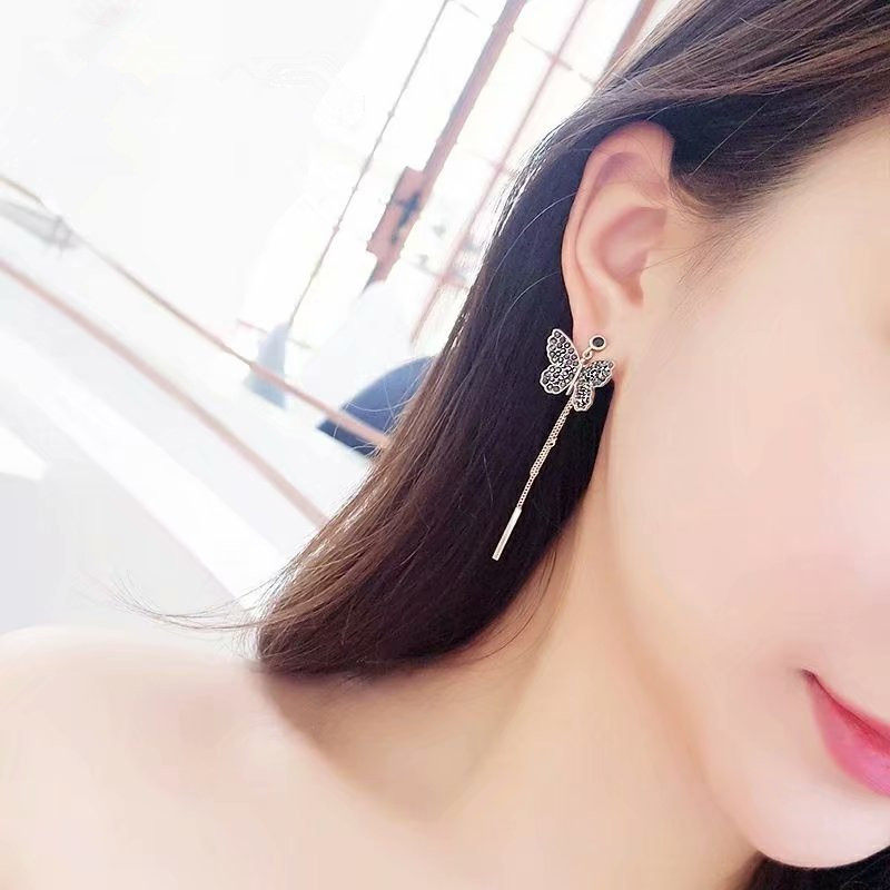 韩国银针超仙一款两戴蝴蝶流苏耳环后挂式长款蹦迪耳坠网红耳饰女
