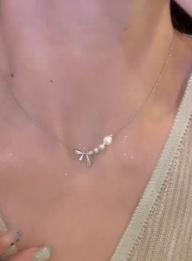 蝴蝶结珍珠项链女甜美百搭锁骨链