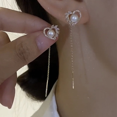 长款流苏微镶心形珍珠耳线女小众