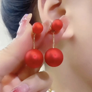 红色磨砂珍珠耳环一款两戴耳饰耳坠气质女s925纯银耳钉2025年新款