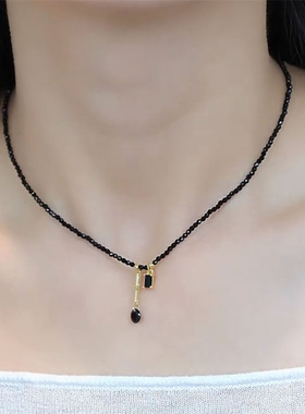 复古黑色水晶流苏项链女高级感
