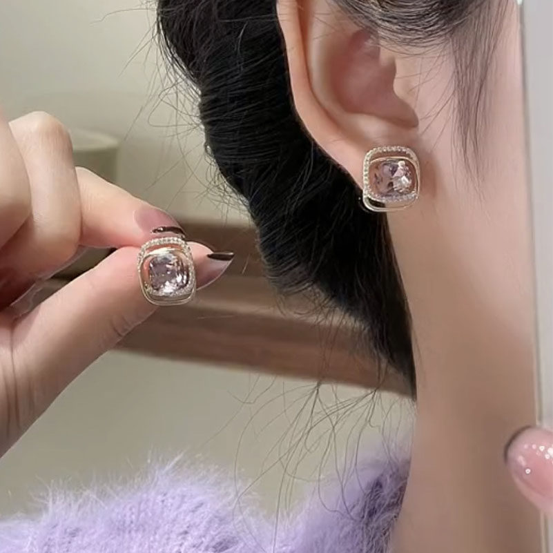 精致紫色水晶法式耳钉纯银针耳环